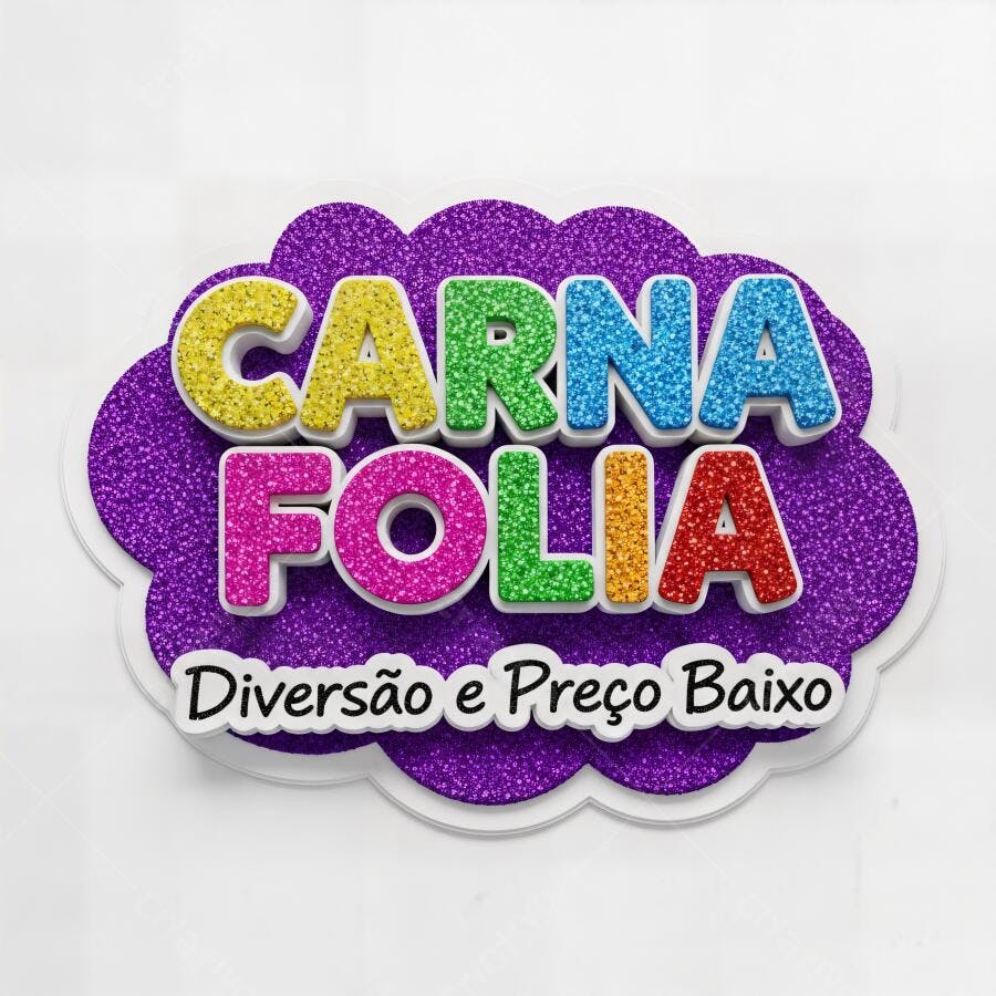 Logo Carna Folia glitter roxo e letras coloridas promoção diversão e preço baixo