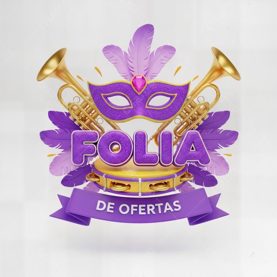 Carnaval Folia de Ofertas máscara roxa trombetas douradas ilustracao 3D