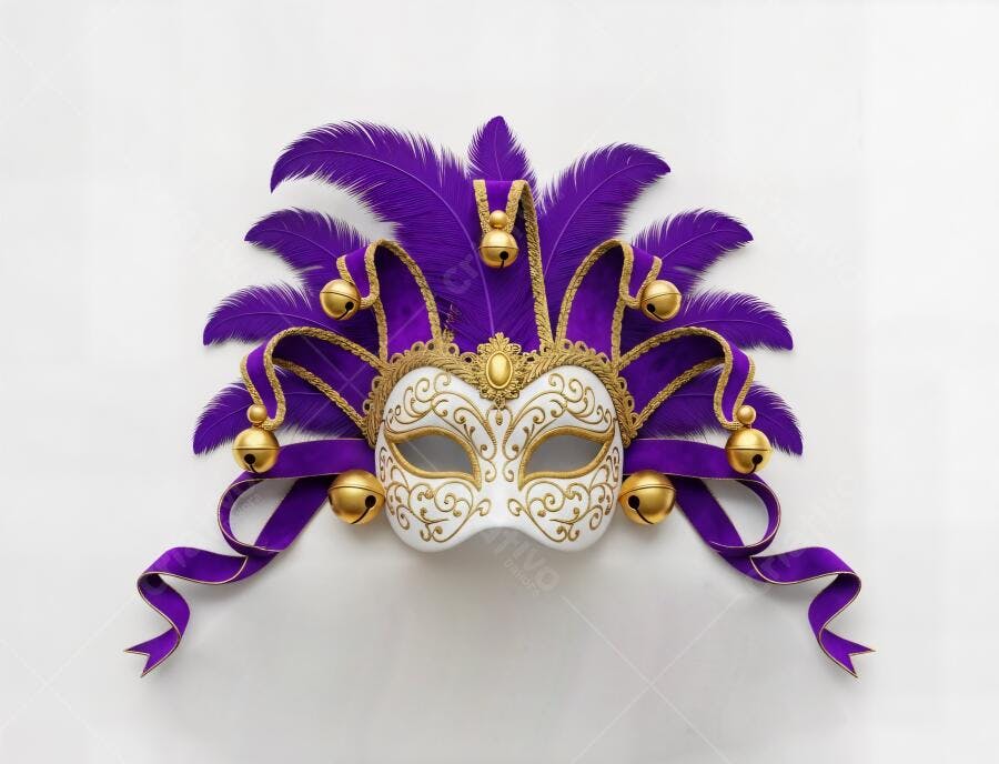 Máscara de Carnaval veneziana branca dourada com penas roxas e sinos
