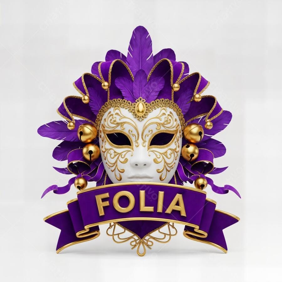 Máscara de carnaval roxa dourada com plumas sinos e fita Folia