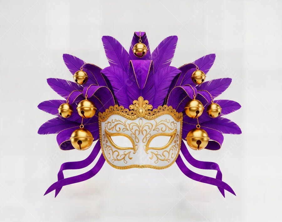 Máscara de Carnaval roxa e dourada com penas e sinos de Mardi Gras