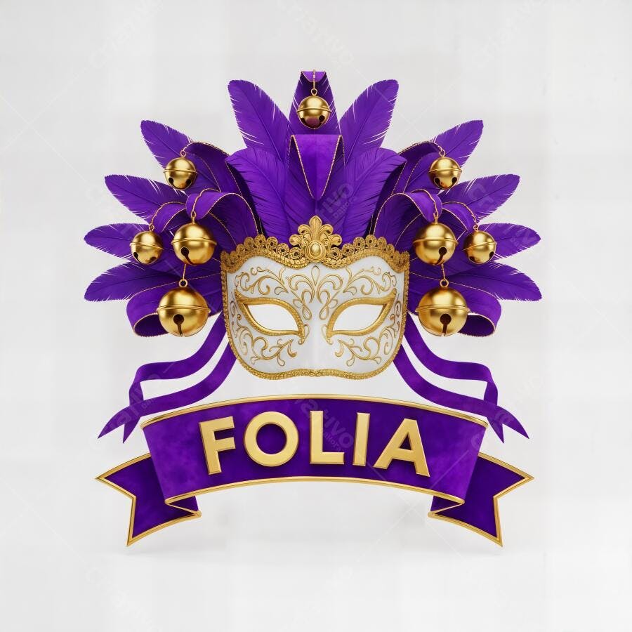 Máscara de carnaval roxa dourada com penas e sinos para Folia