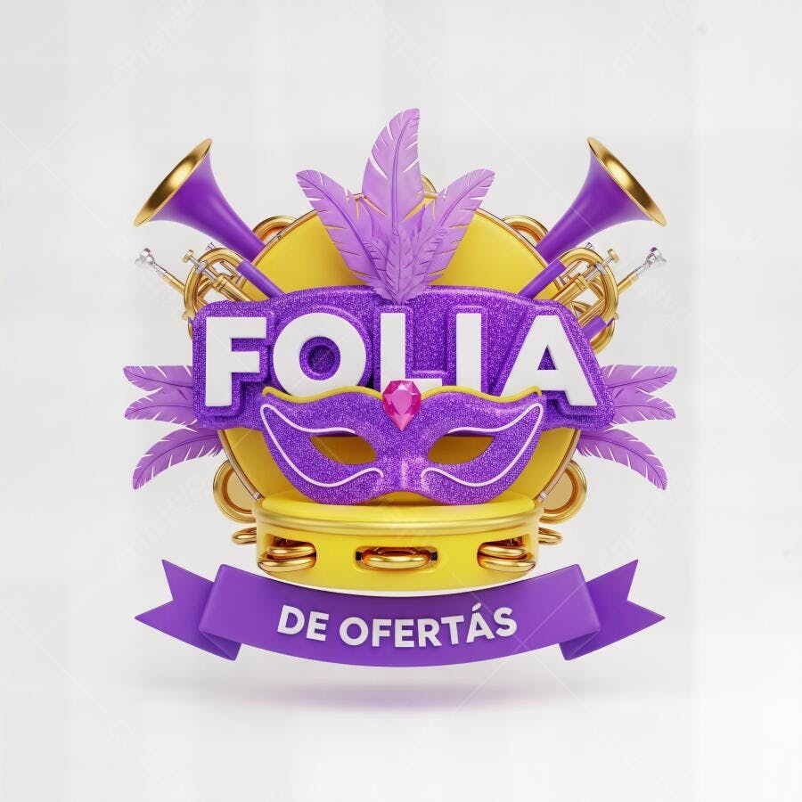 Folia de Ofertas com máscara de carnaval roxa e trombetas douradas