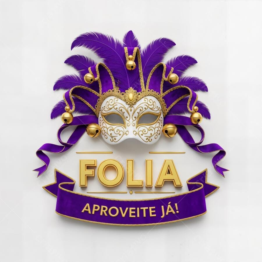 Máscara de Carnaval roxa e dourada com penas e sinos para festa Folia Aproveite Já