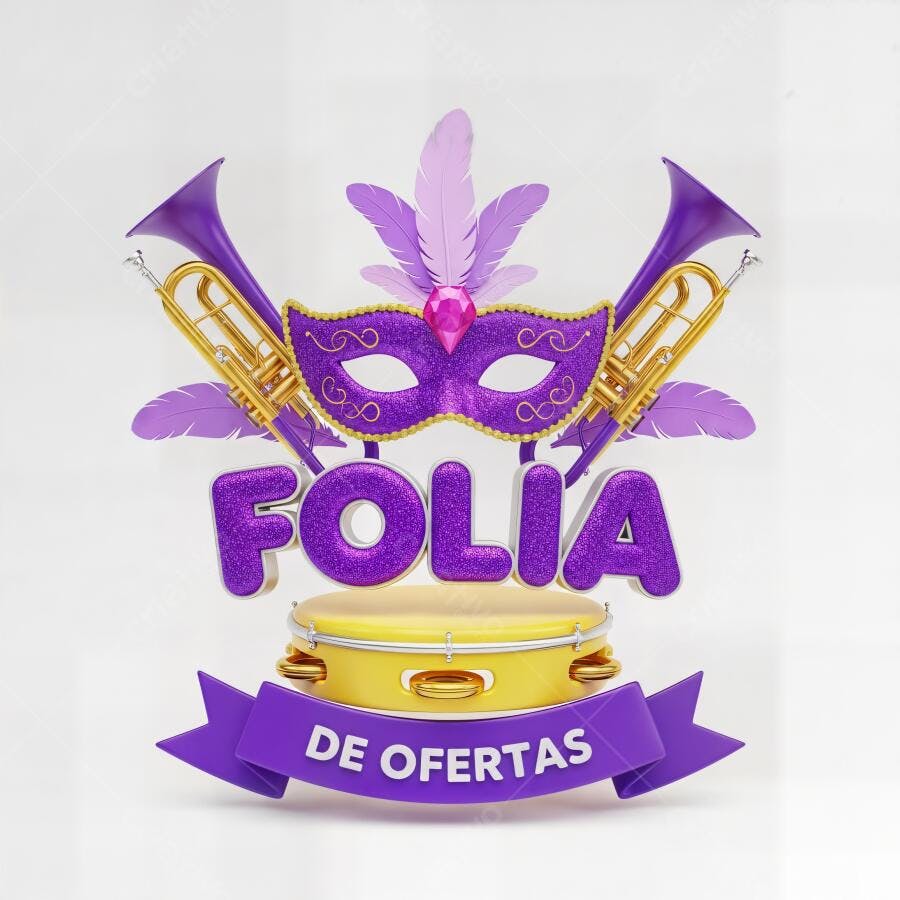 Carnaval Folia de Ofertas máscara roxa trombetas douradas e tamborim