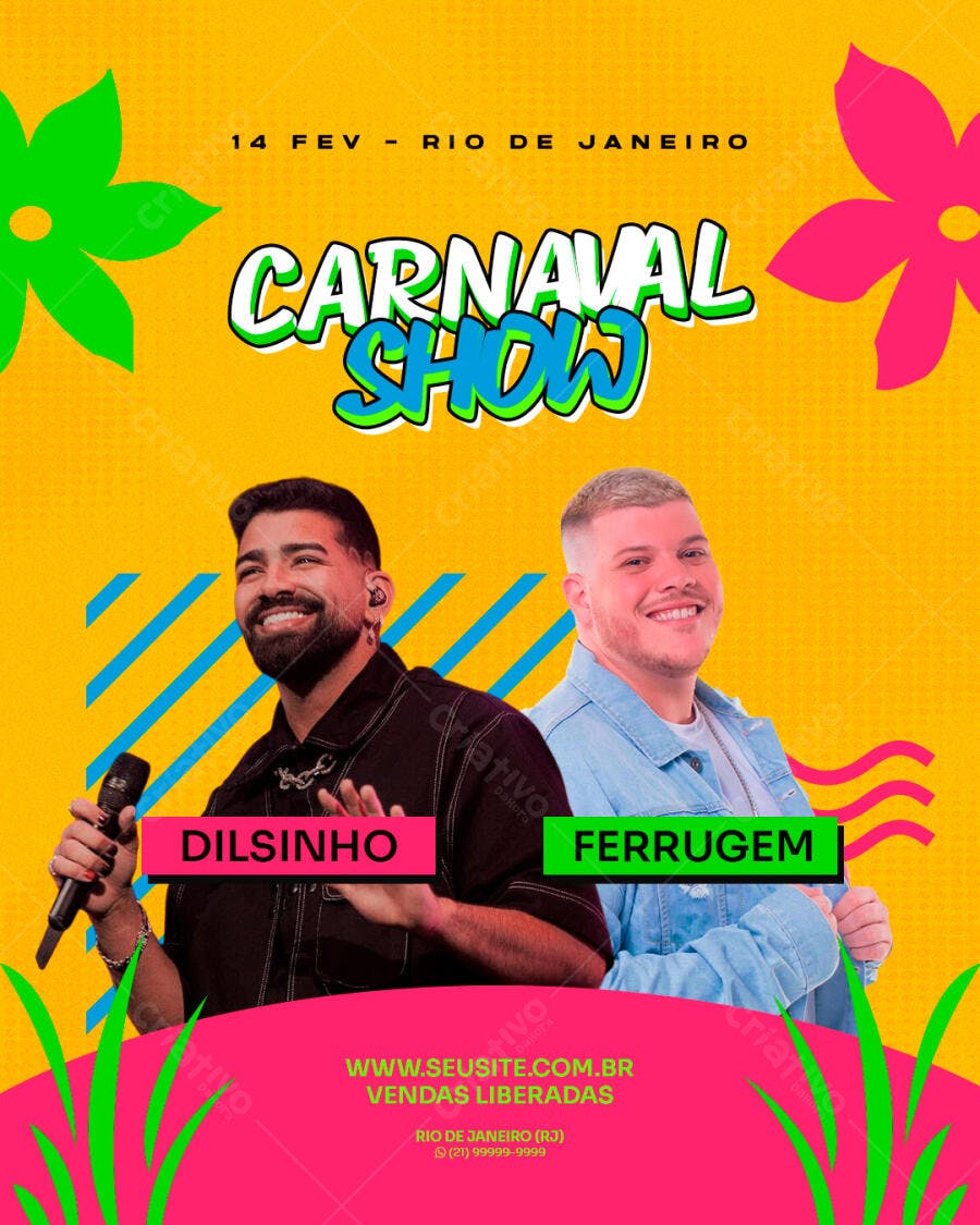 Flyer de Carnaval Show Dilsinho e Ferrugem Rio de Janeiro PSD Editável