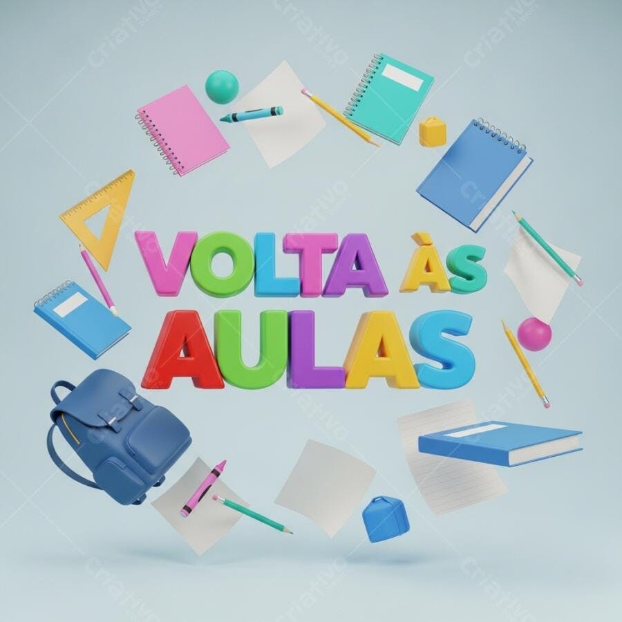 Material escolar 3D flutuando Volta às Aulas com mochila e cadernos coloridos