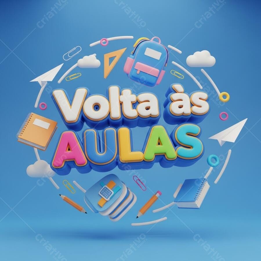 Volta às Aulas ilustração 3D com mochila cadernos lápis cores vibrantes