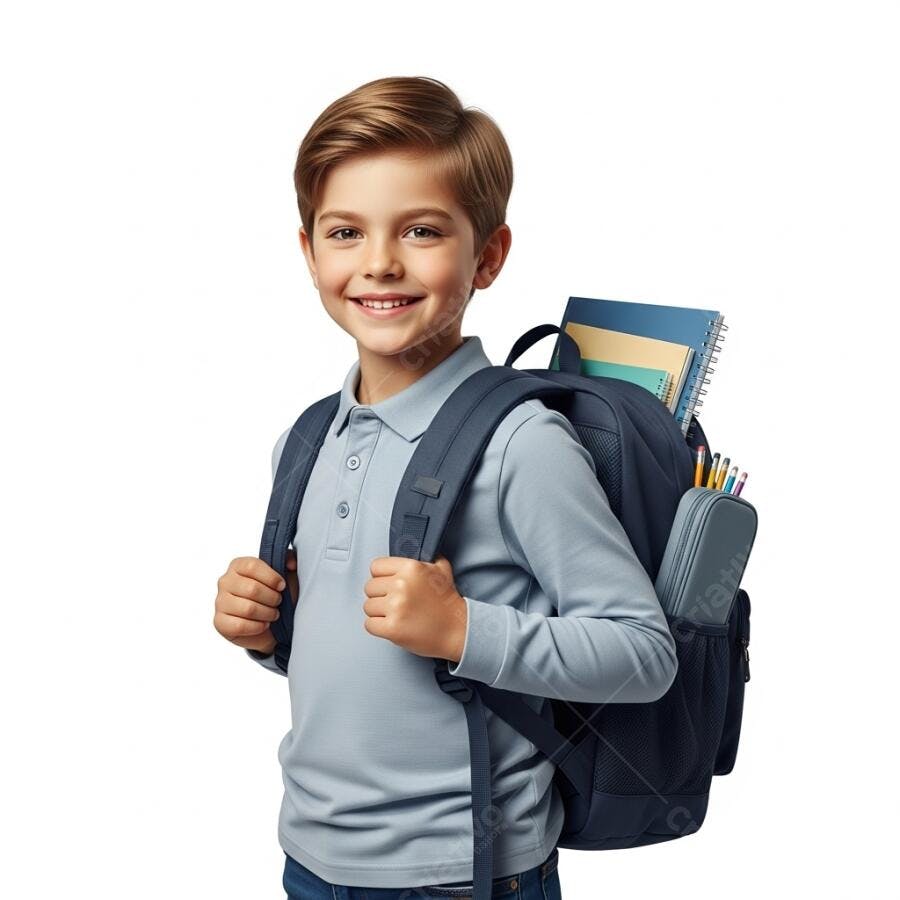 Menino caucasiano feliz com mochila escolar azul e cadernos