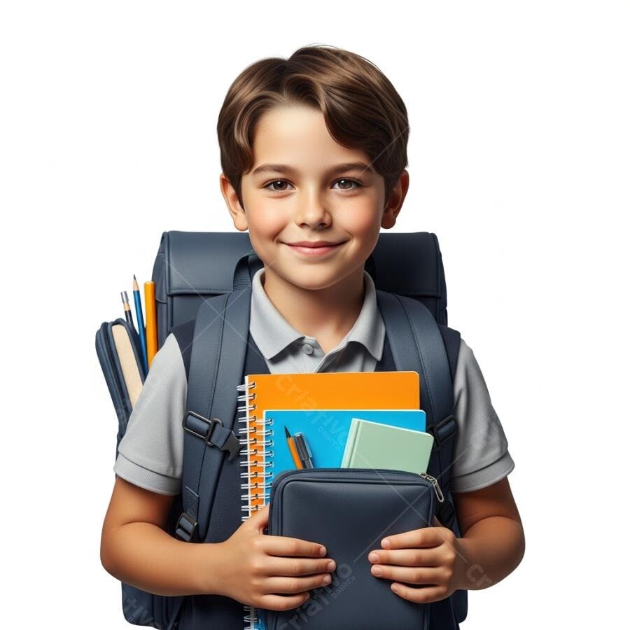 Menino estudante feliz com mochila azul e cadernos coloridos