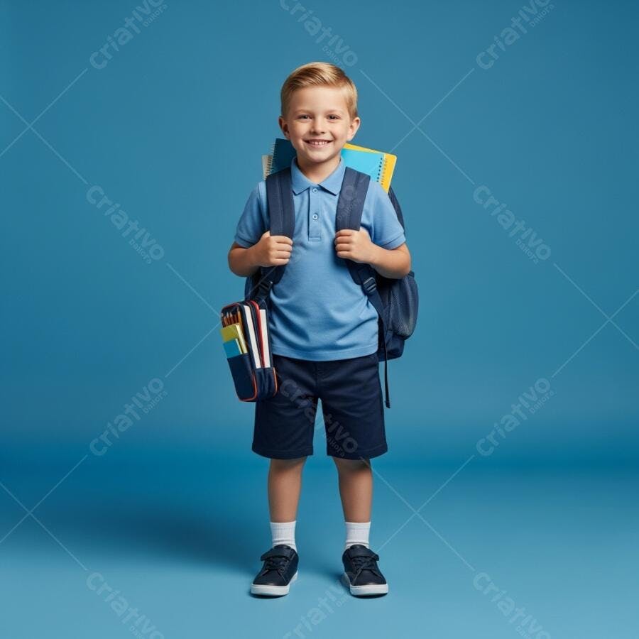 Menino loiro feliz estudante com mochila e livros pronto para a escola