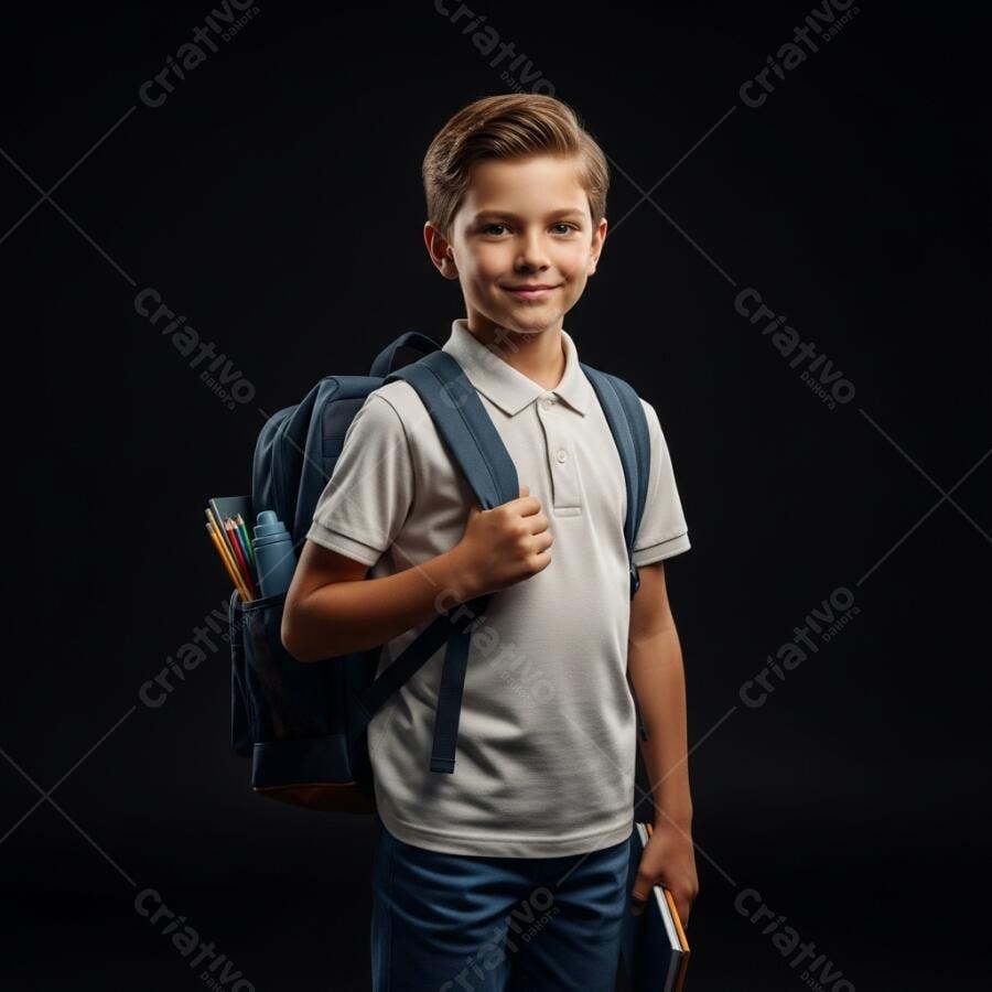 Menino estudante caucasiano sorrindo com mochila azul e livros pronto para aula