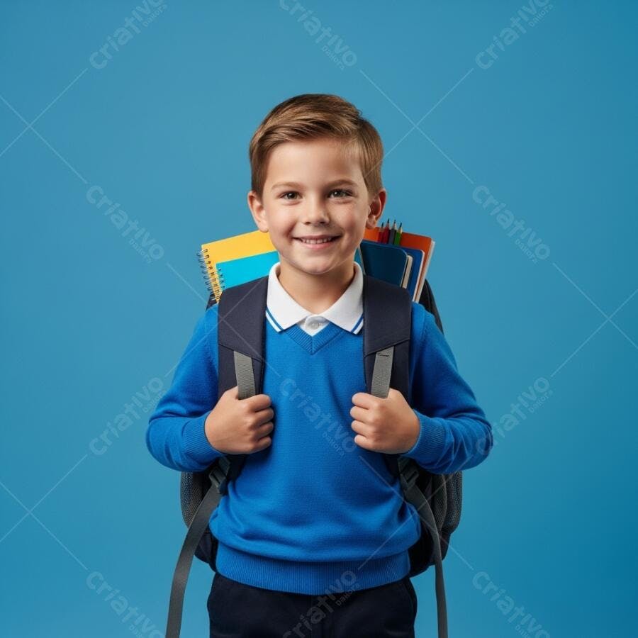Menino caucasiano feliz de suéter azul com mochila escolar em estúdio azul