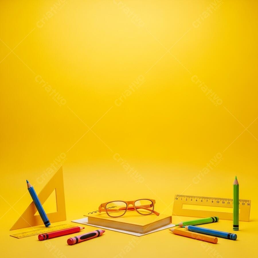 Material escolar variado com óculos e livro em fundo amarelo forte