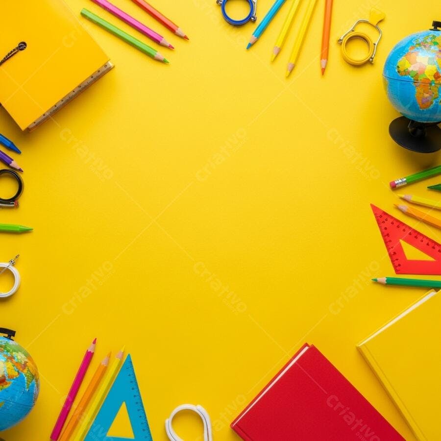 Material escolar colorido sobre fundo amarelo vista superior