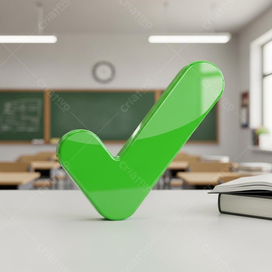 Checkmark verde 3D brilhante em sala de aula com livro e quadro
