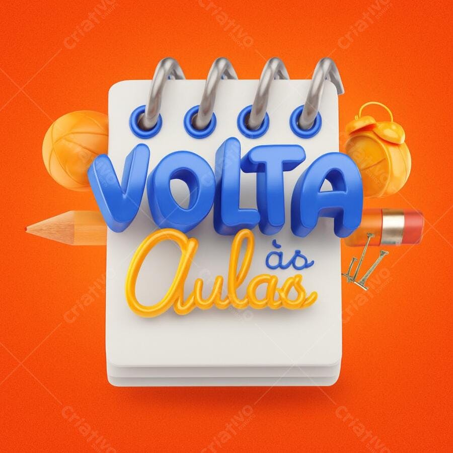 Volta às Aulas lettering azul e amarelo com caderno lápis e objetos escolares