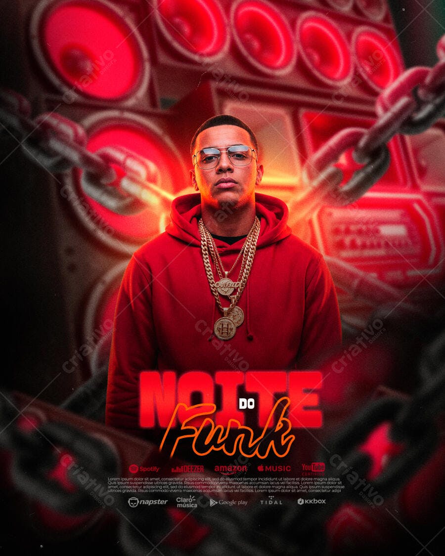 Flyer Noite do Funk com Homem de Hoodie Vermelho e Correntes PSD Editável