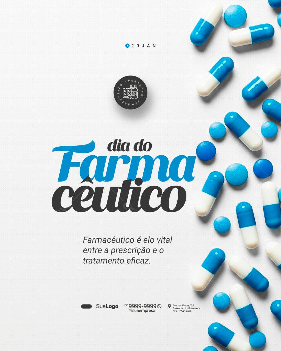 Flyer Dia do Farmacêutico 20 de Janeiro PSD Editável