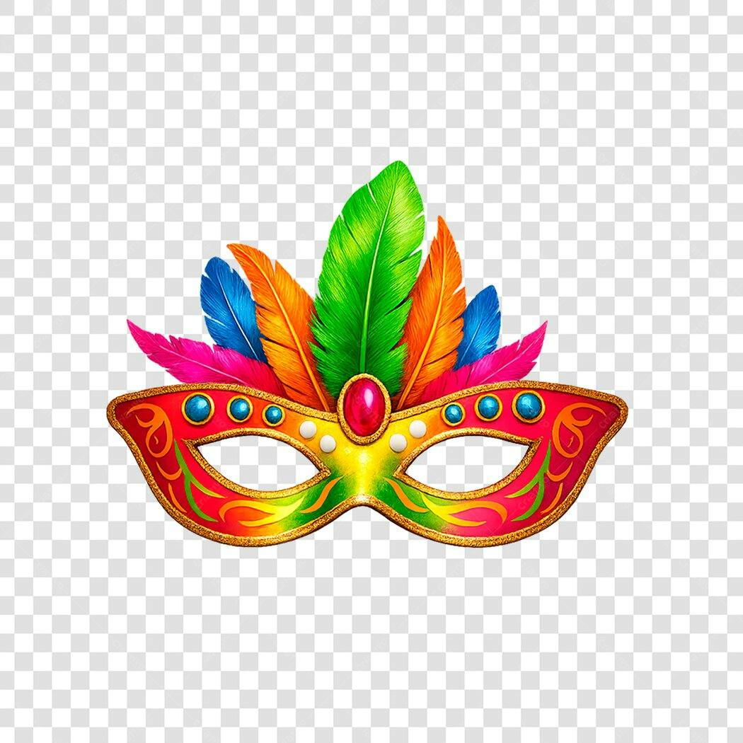 Máscara de Carnaval Festiva e Colorida com Penas PNG com fundo transparente