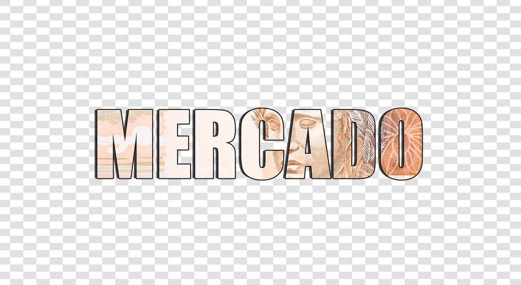 Banner digital palavra MERCADO textura dinheiro brasileiro PNG com fundo transparente