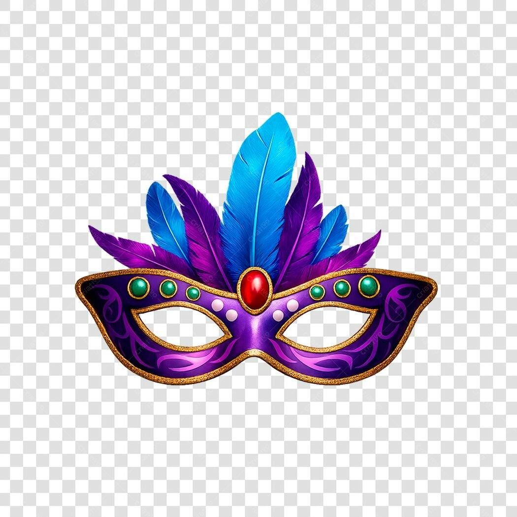 Máscara de Carnaval Festiva e Luxuosa com Penas Roxas e Azuis PNG com fundo transparente