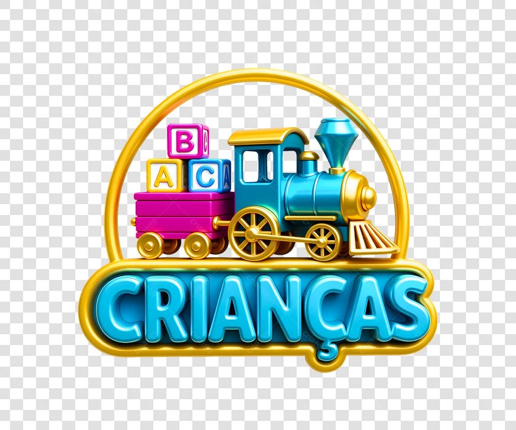 Selo 3D CRIANÇAS com Trem de Brinquedo Azul Dourado e Blocos ABC PNG com fundo transparente
