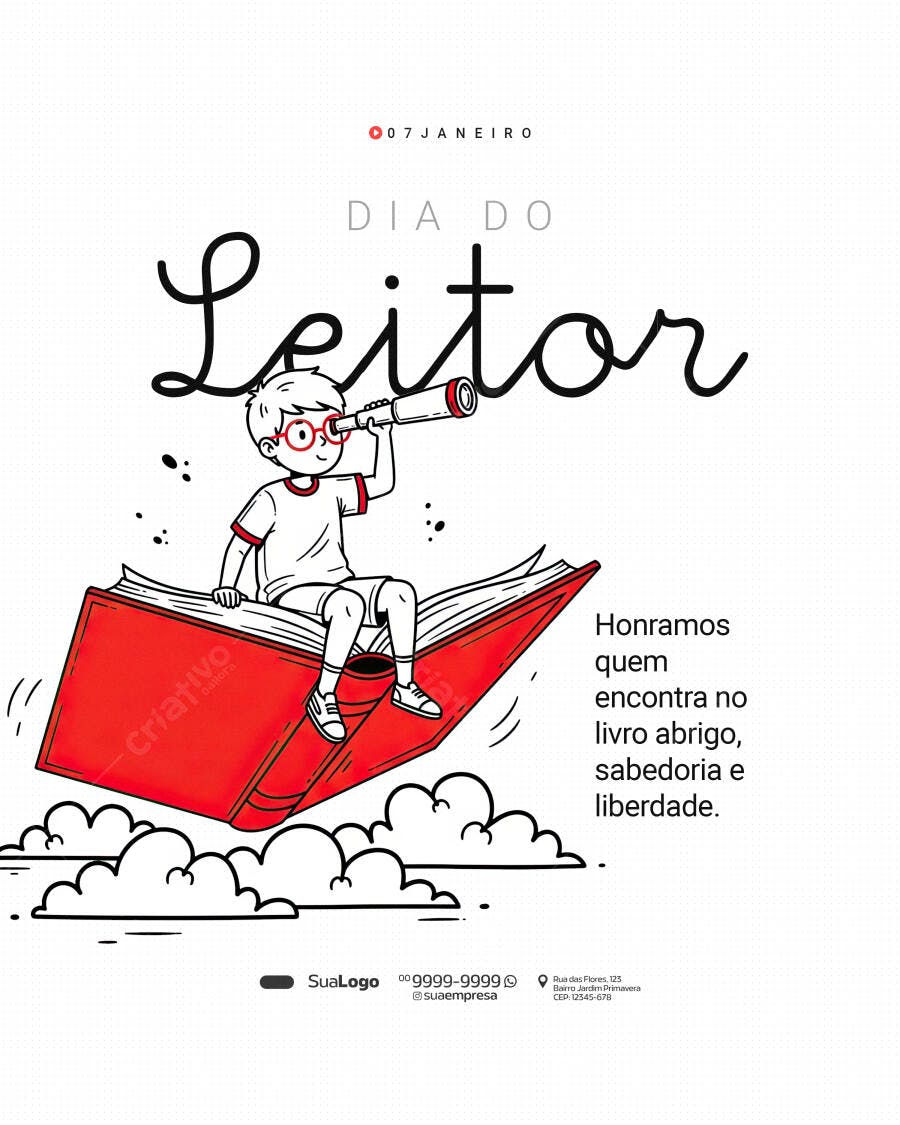 Flyer Dia do Leitor 07 Janeiro Menino Lendo PSD Editável