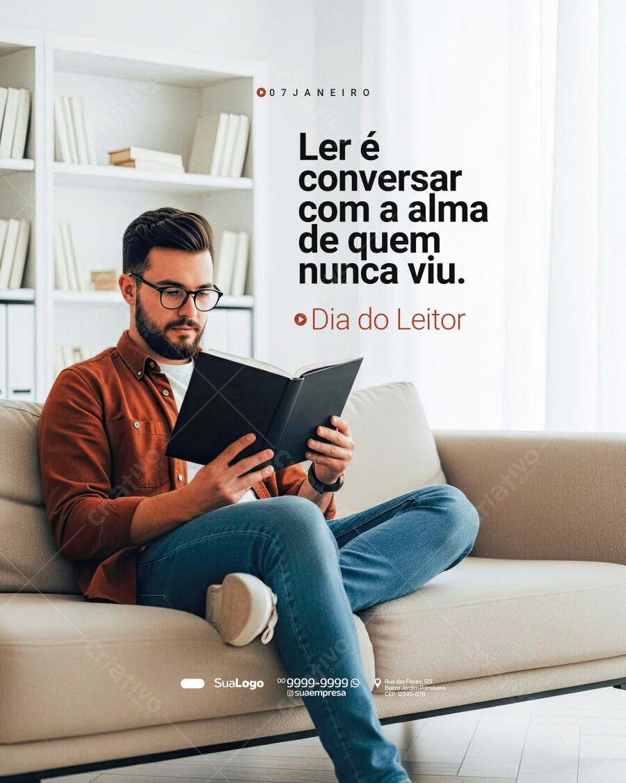 Post para Redes Sociais Dia do Leitor Homem Lendo Óculos PSD Editável