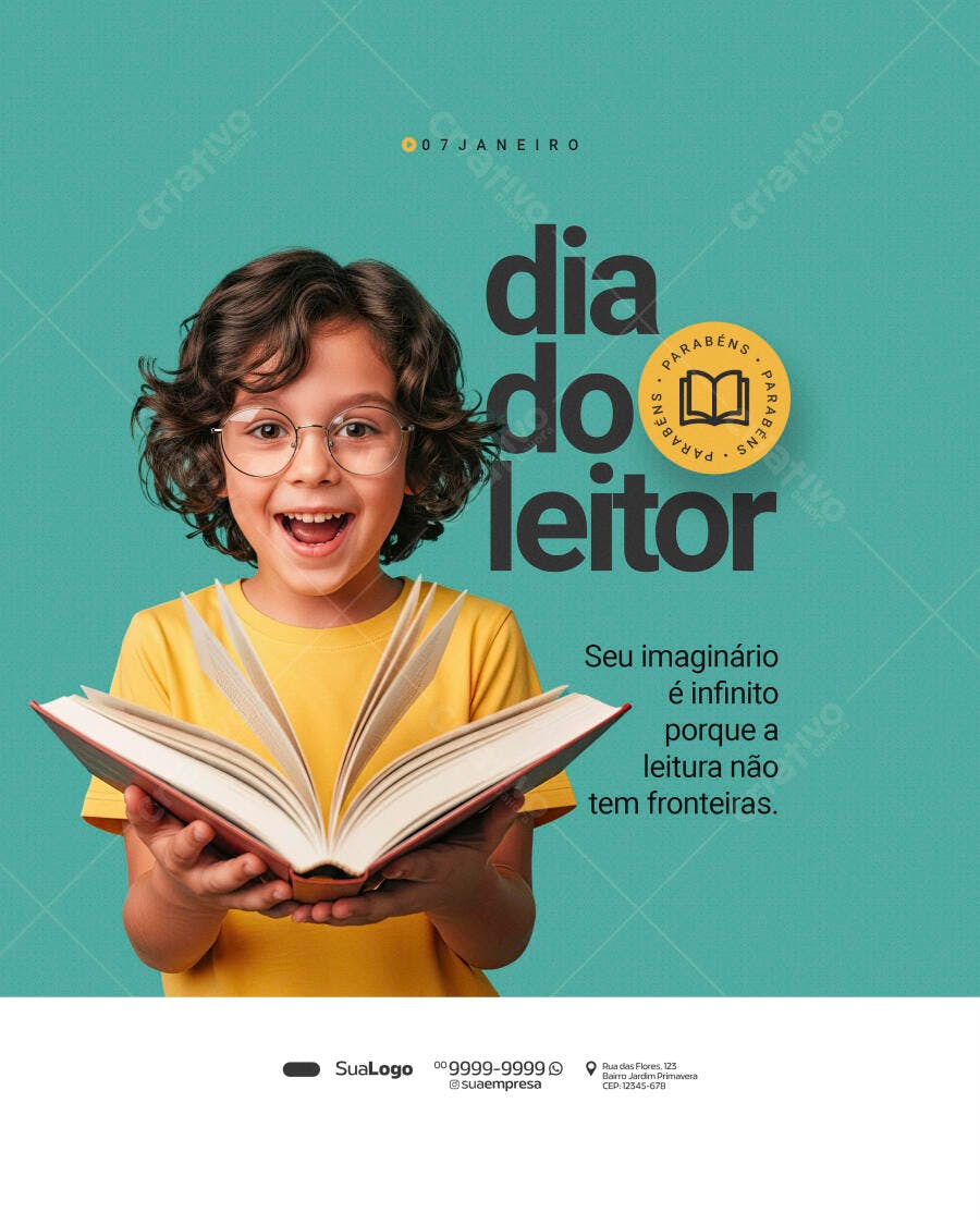 Post para Dia do Leitor com Criança e Livro PSD Editável