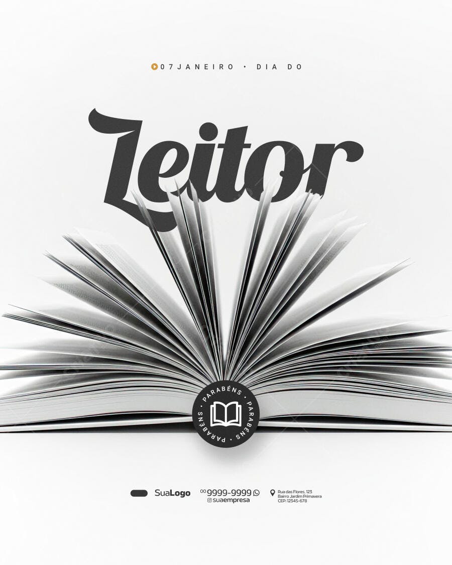 Flyer Dia do Leitor 07 Janeiro com Livro Aberto Minimalista PSD Editável