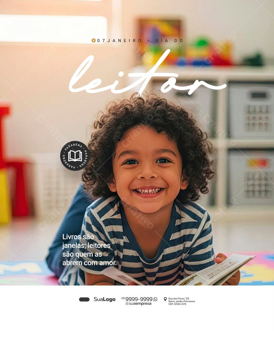 Flyer Dia do Leitor Criança Sorrindo Livro PSD Editável