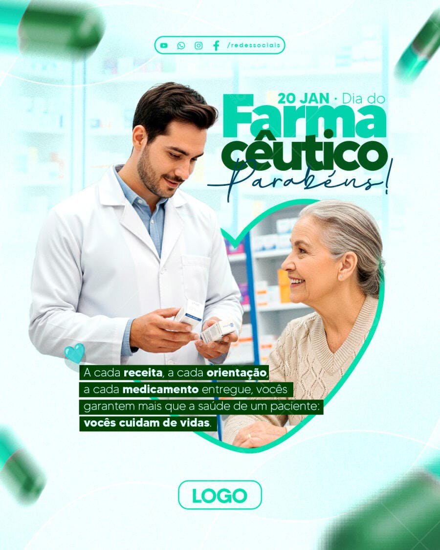 Post Redes Sociais Dia do Farmacêutico Jovem Farmacêutico e Idosa PSD Editável
