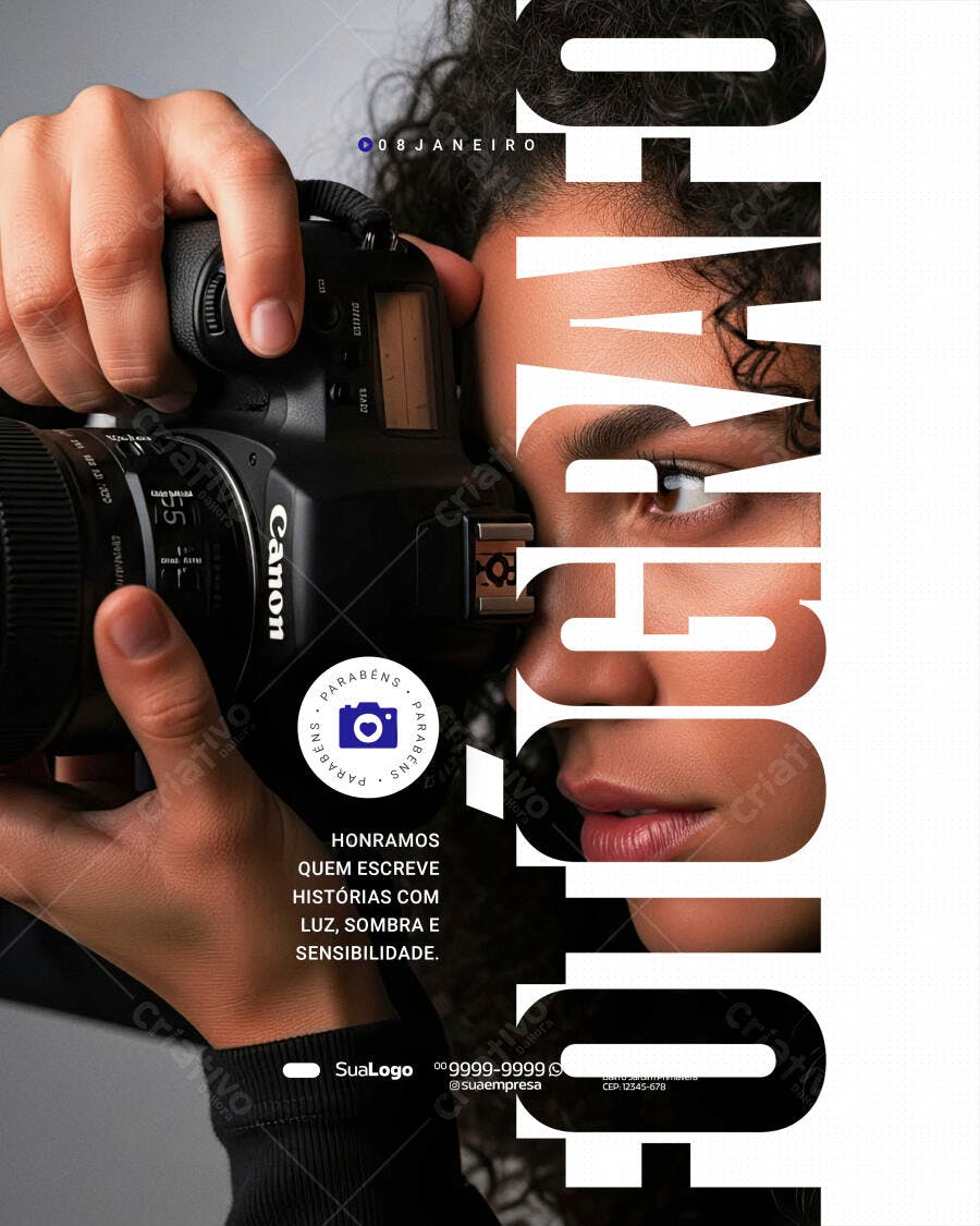 Flyer Dia do Fotógrafo 08 Janeiro, Homem com Câmera Canon PSD Editável