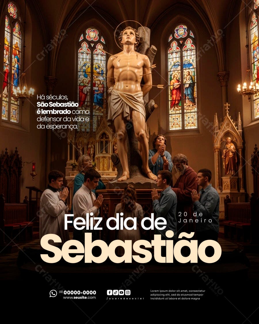 Flyer Dia de São Sebastião com Estátua na Igreja PSD Editável