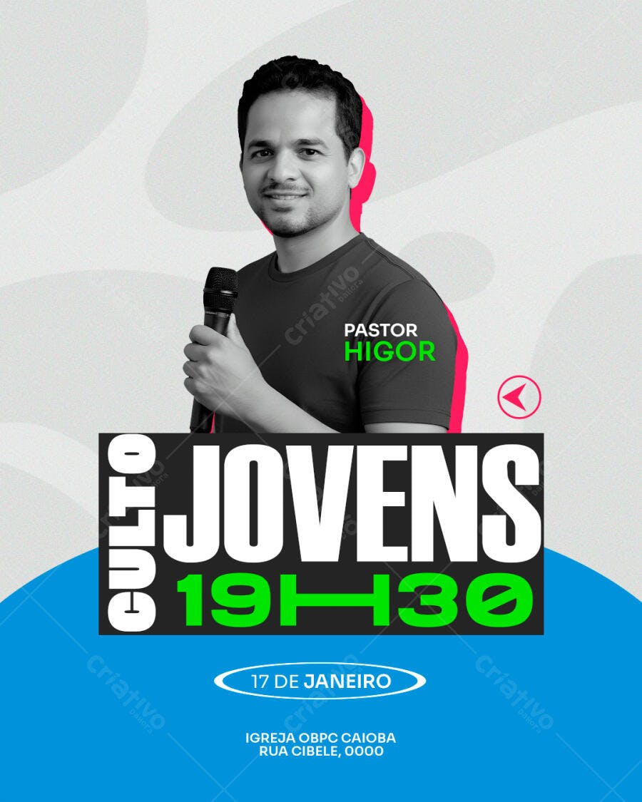 Flyer Culto Jovens Igreja Pastor Higor Moderno com Microfone PSD Editável