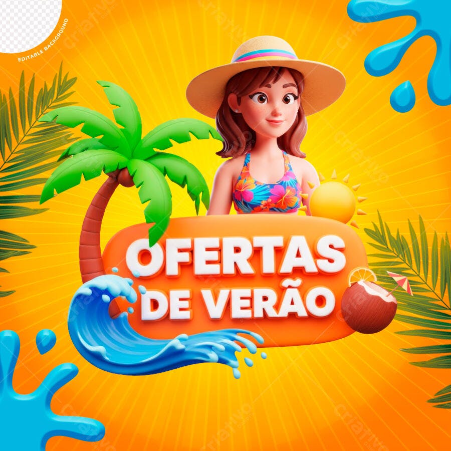 Flyer Ofertas de Verão Mulher 3D Tropical PSD Editável