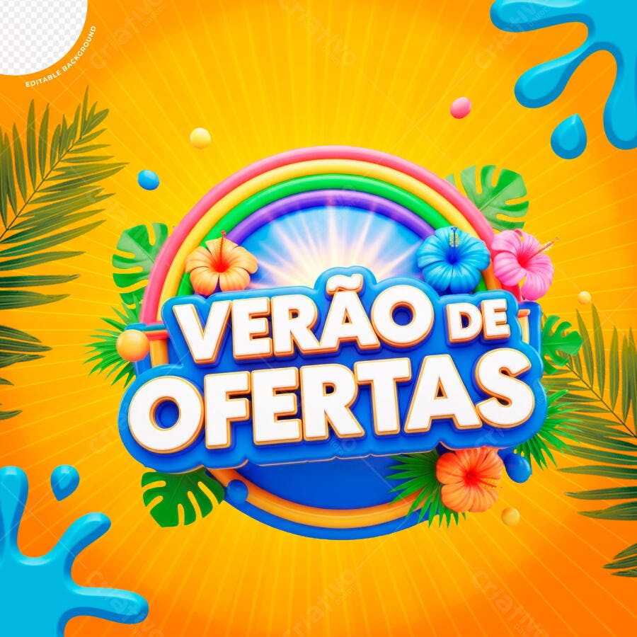 Flyer de Ofertas de Verão com Arco-íris e Flores PSD Editável