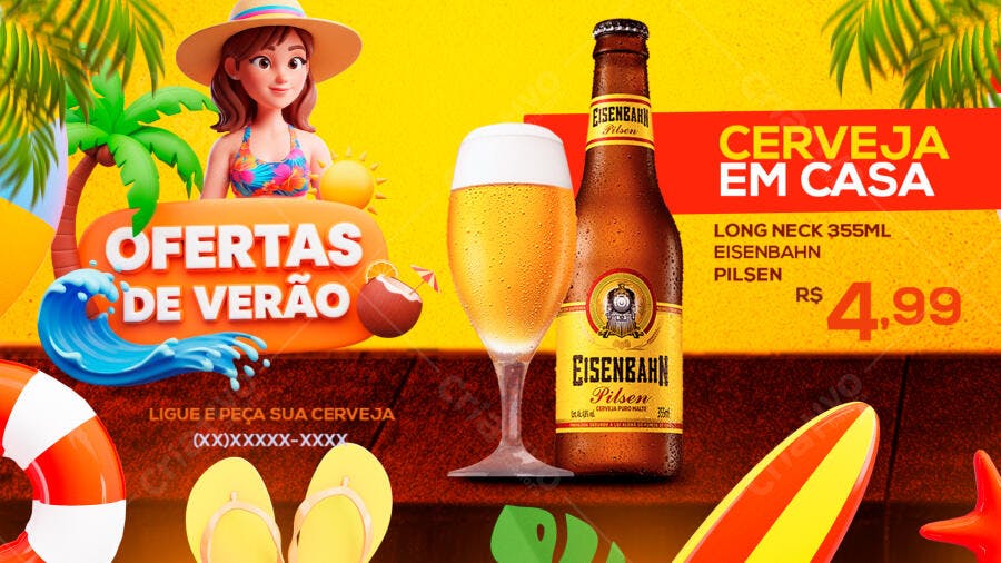 Flyer Ofertas de Verão Cerveja Eisenbahn Pilsen R$4,99 PSD Editável