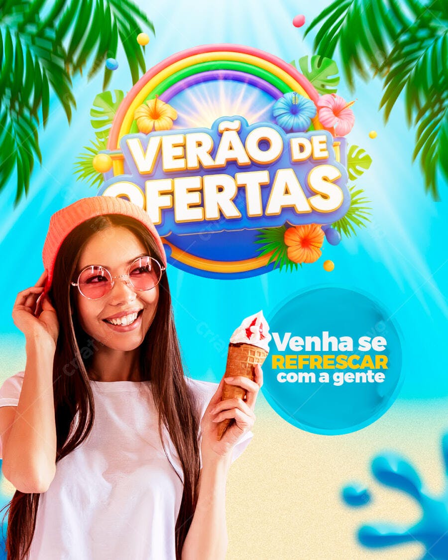 Flyer Verão de Ofertas Sorvete e Praia PSD Editável