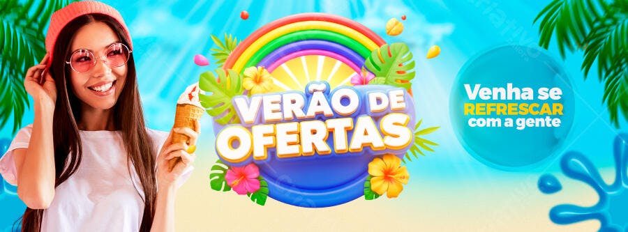 Flyer Verão de Ofertas Mulher Sorrindo Sorvete Psd Editável