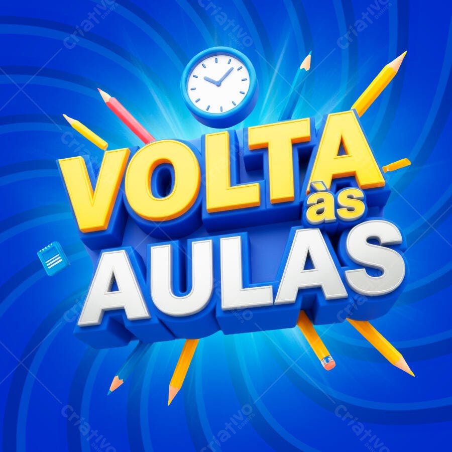 Post Volta às Aulas 3D Lápis Coloridos Relógio Bloco Azul PSD Editável