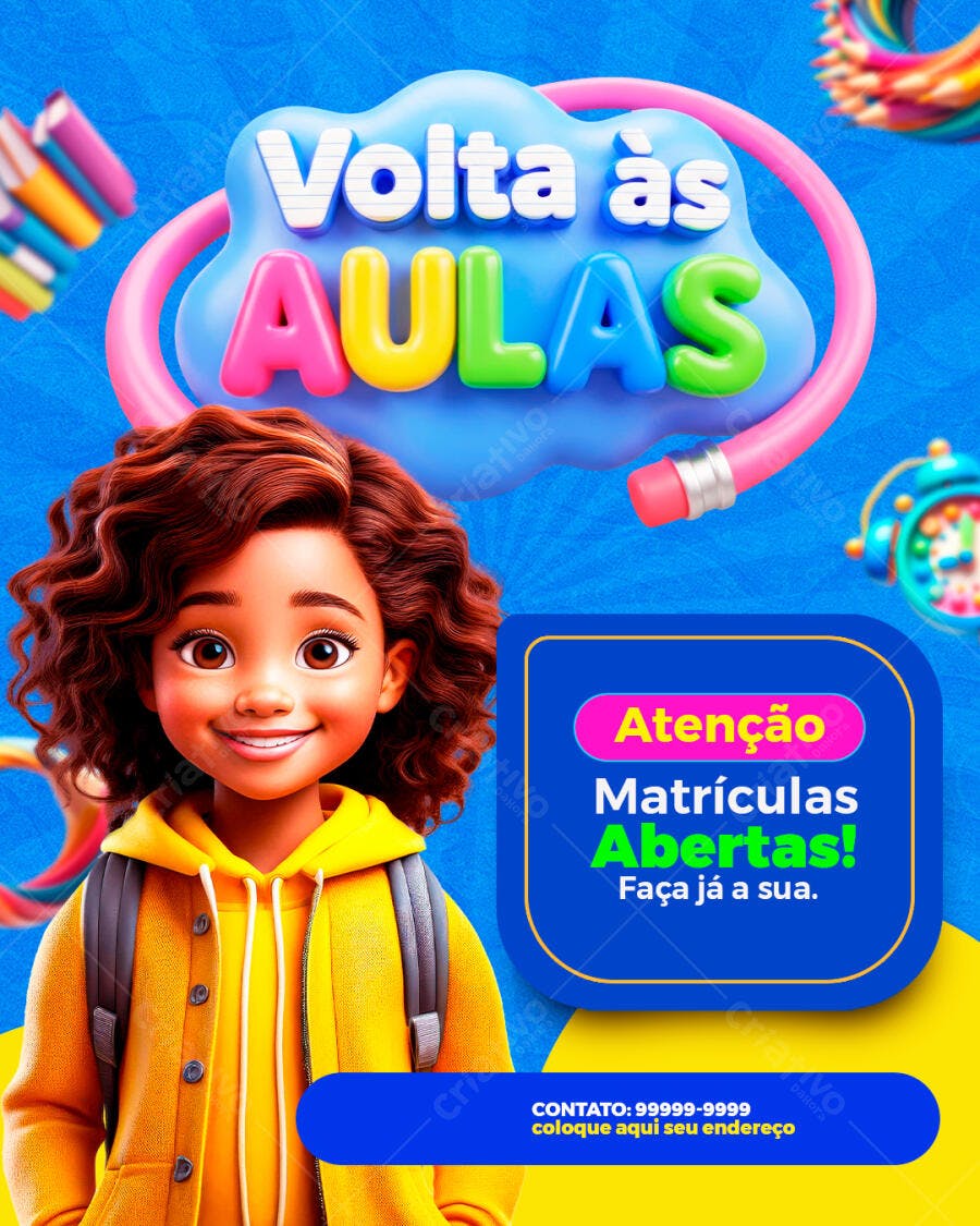 Flyer Escolar Volta às Aulas Menina Matrículas Abertas PSD Editável