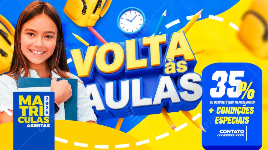 Flyer de Volta às Aulas Matrículas Abertas 2026 PSD Editável