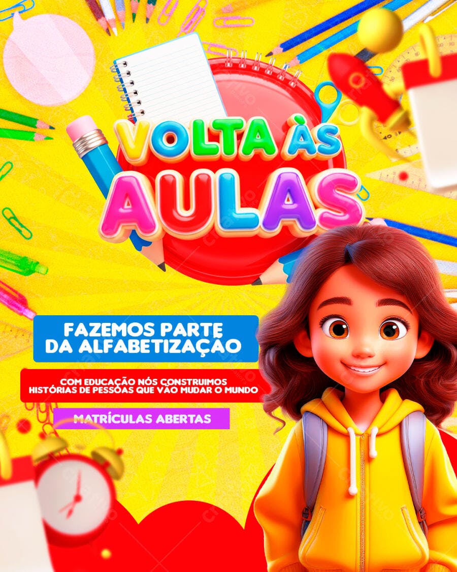 Flyer Escolar Volta às Aulas com Menina e Materiais PSD Editável