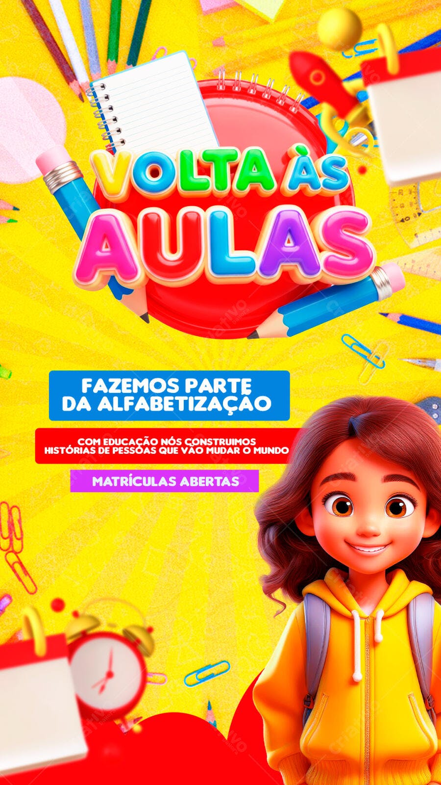 Flyer Volta às Aulas Menina Estudante Matrículas Abertas PSD Editável