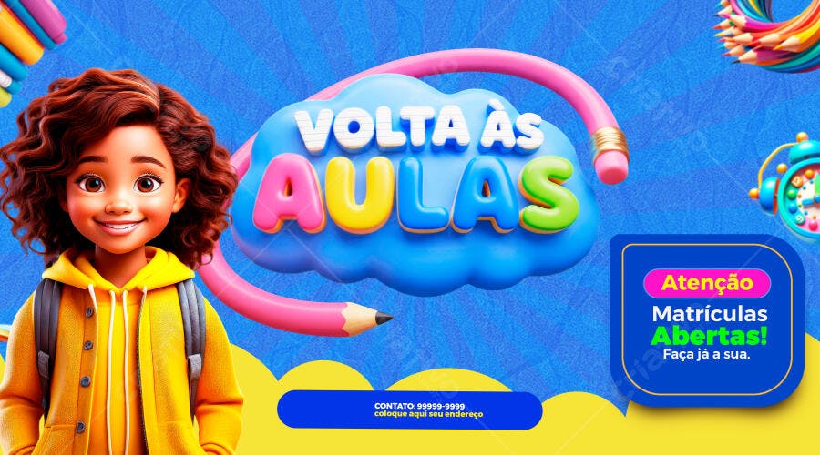 Flyer Volta às Aulas Menina Estudante Matrículas Abertas PSD Editável