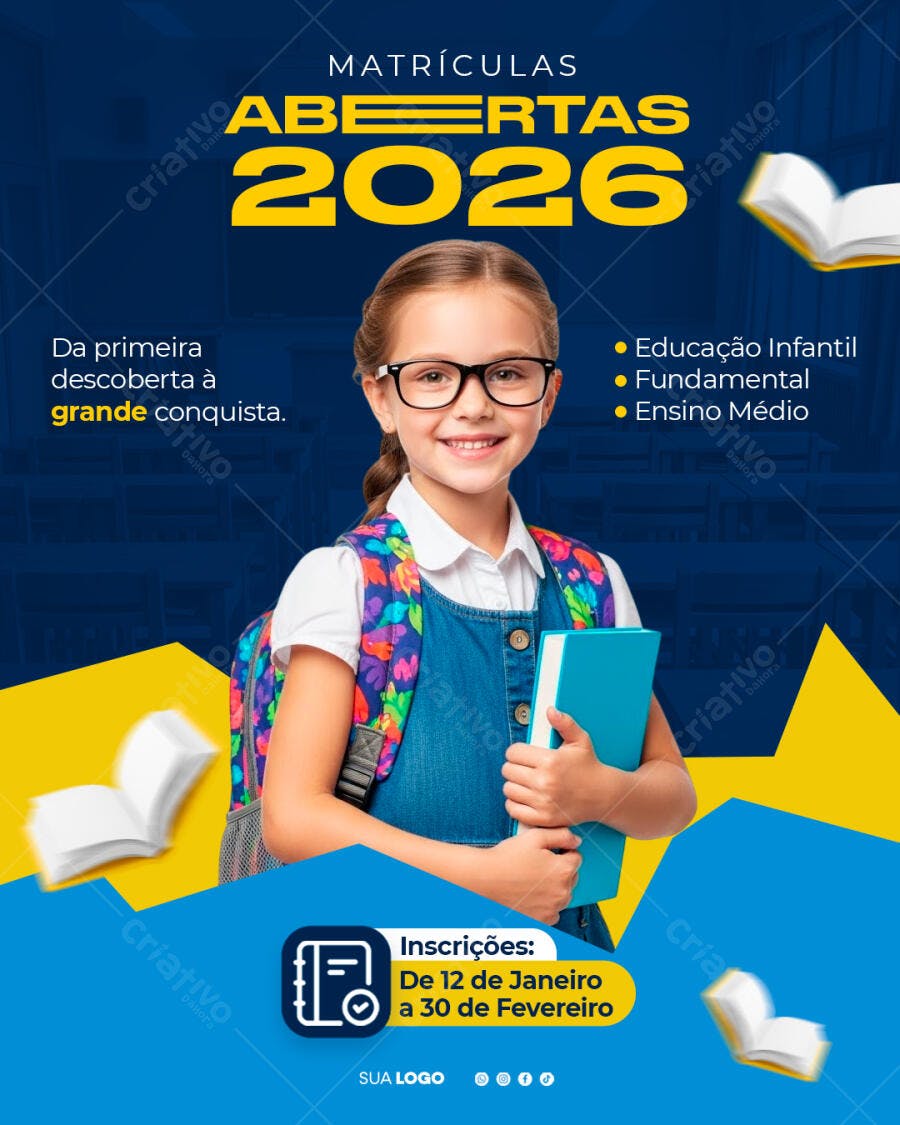 Flyer Matrículas Abertas 2026 Menina Estudante PSD Editável