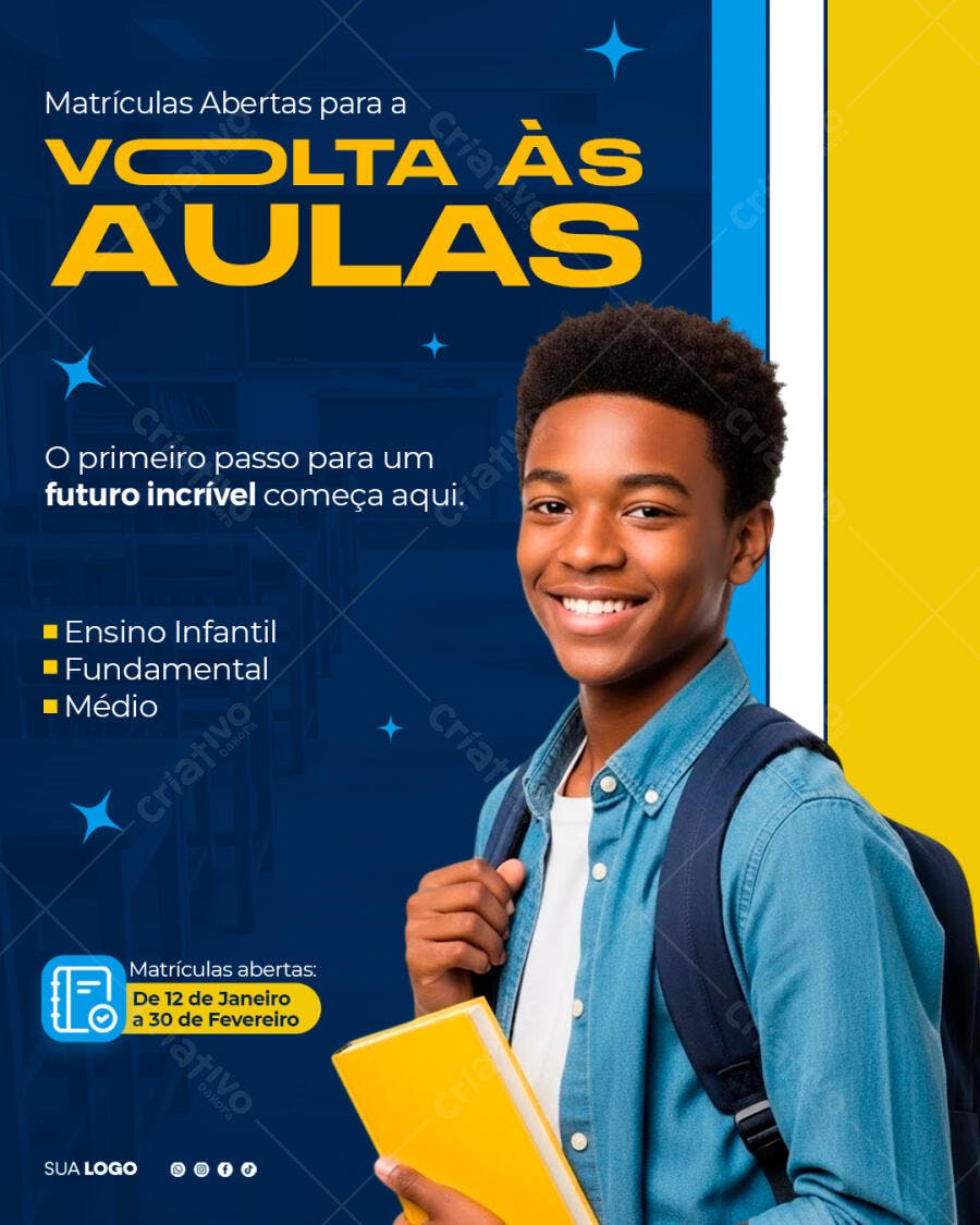 Flyer Volta às Aulas Jovem Estudante Negro Sorrindo PSD Editável