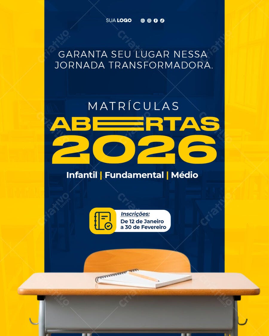 Flyer Matrículas Abertas 2026 Escolar PSD Editável
